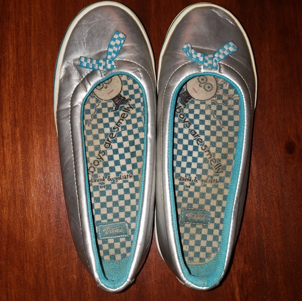 Vans women's size 8 silver limited edition  'boys are smelly' shiny slip-ons